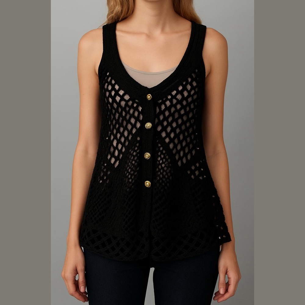 Free People Boho Vest Knit Cardigan Black Knit Gold Buttons- Size XS